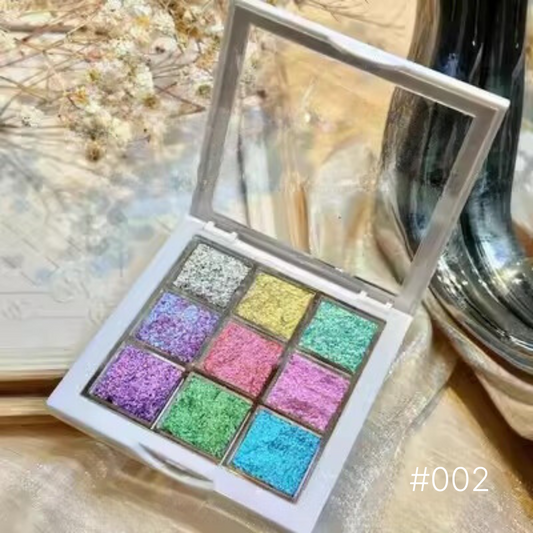 Colorful Mocmaki Nail Pigment Palette #002, showcasing vibrant hues of blue, pink, and green in a sleek, white compact, ideal for bold and artistic nail designs.