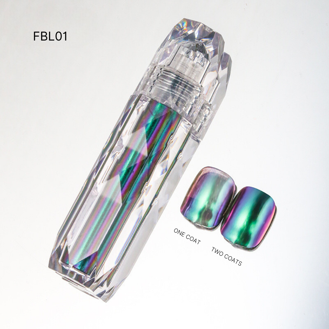 Display of Liquid Chrome nail polish FBL01, featuring an array of iridescent colors reflecting light with a shiny metallic finish.