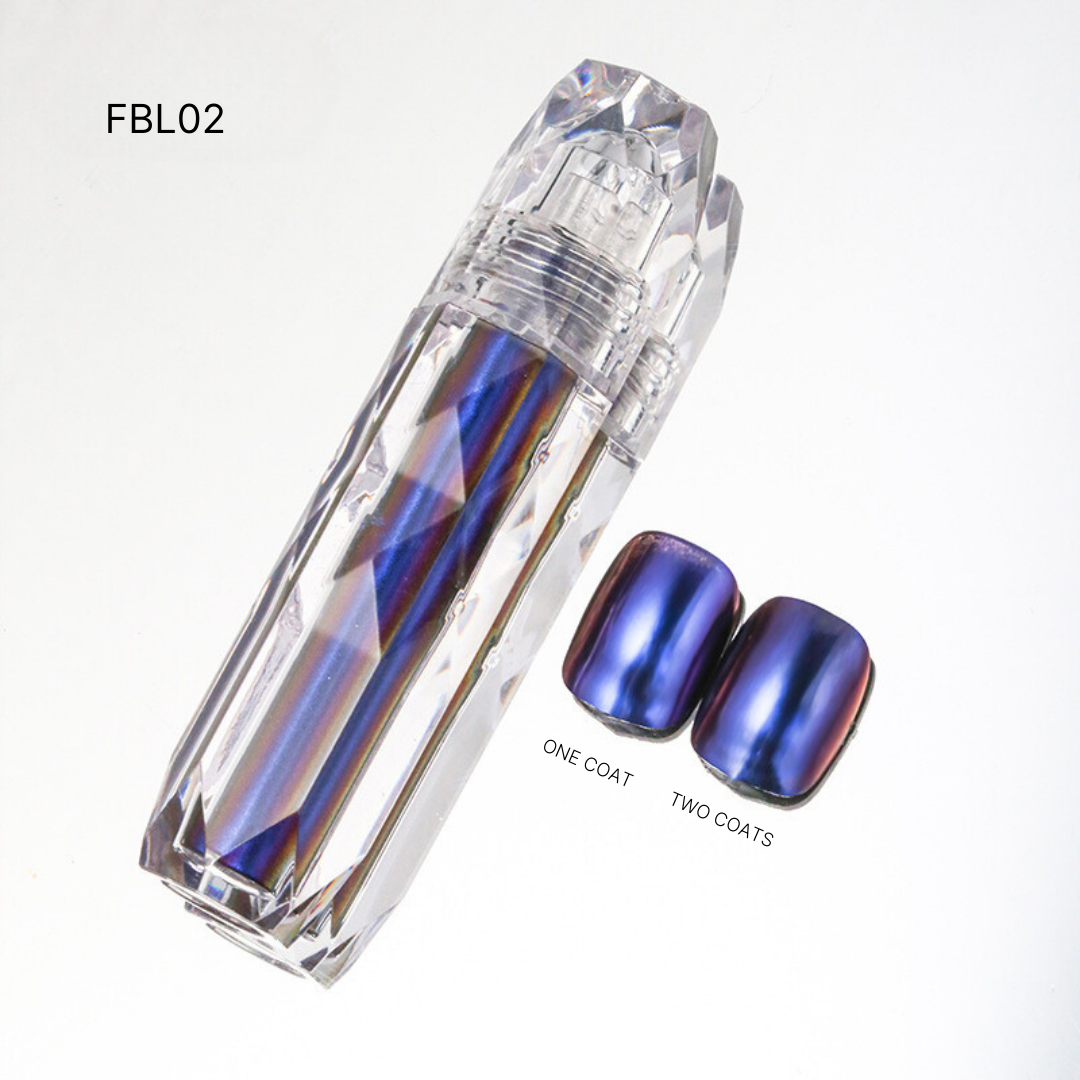 Close-up of Liquid Chrome nail polish in shades FBL02, showcasing vibrant blue and purple hues with a glossy, reflective surface.
