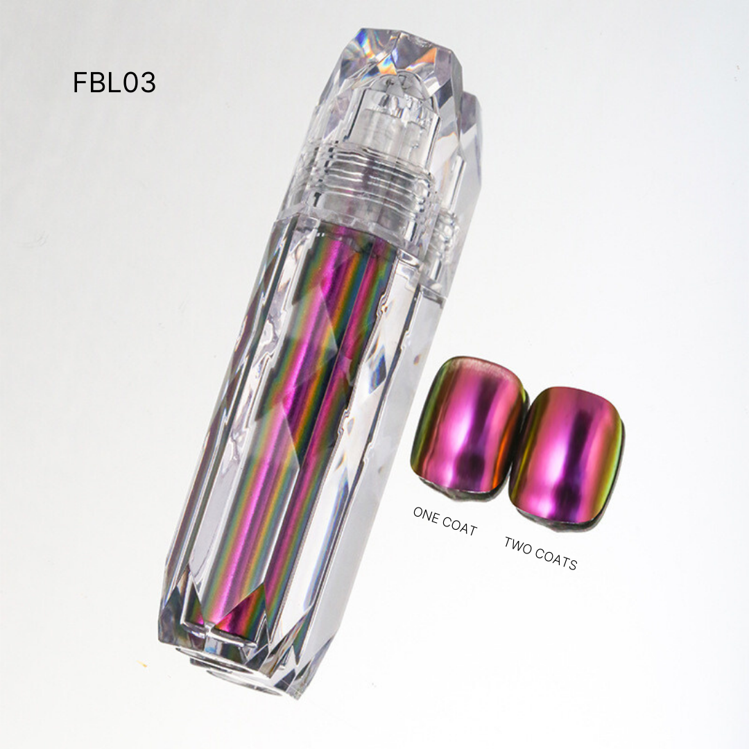 FBL03 displaying a selection of iridescent Liquid Chrome nail polishes in soft hues, perfect for a delicate and ethereal look.