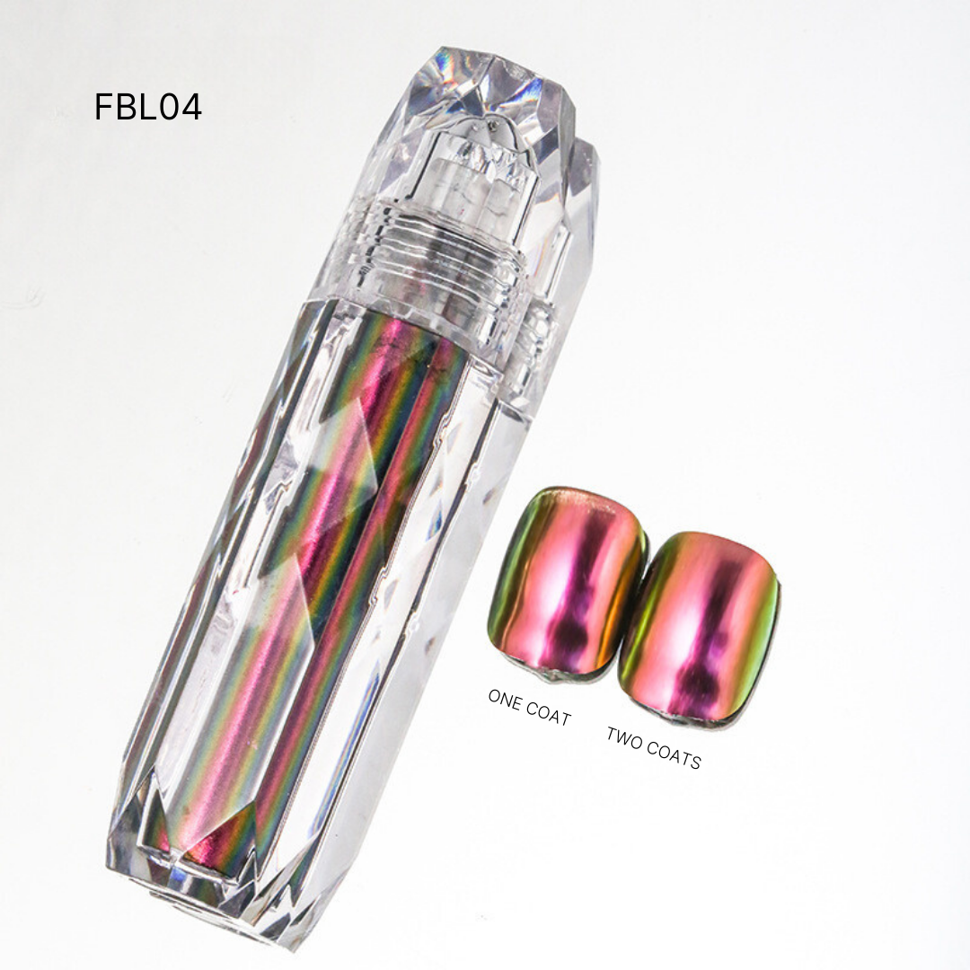 Assortment of Liquid Chrome nail polishes FBL04, offering a spectrum of red and pink metallic finishes, ideal for bold, eye-catching manicures.