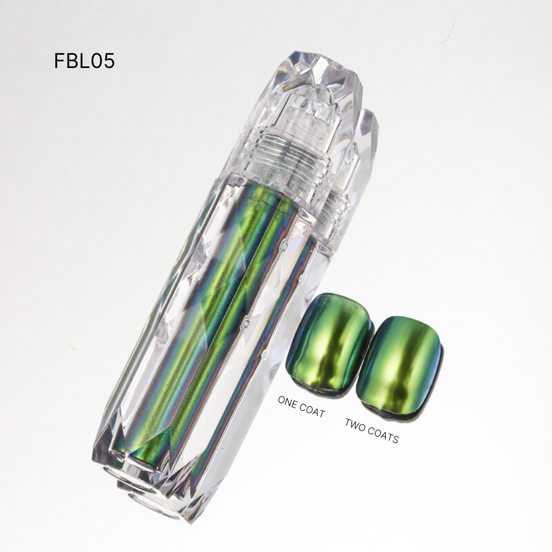 Set of multi-colored Liquid Chrome nail polishes FBL05, ranging from gold to green, each with a high-gloss metallic sheen.