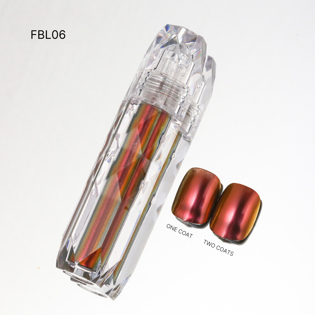 Variety of Liquid Chrome nail polishes in FBL06, displaying rich copper and green shades with a lustrous chrome effect.