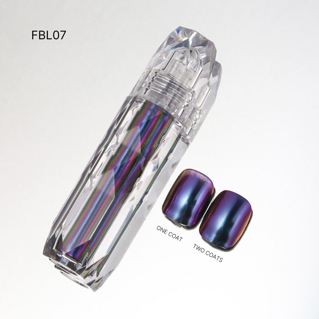 Collection of Liquid Chrome nail polishes FBL07, featuring deep red and brown tones, perfect for creating a dramatic metallic look.