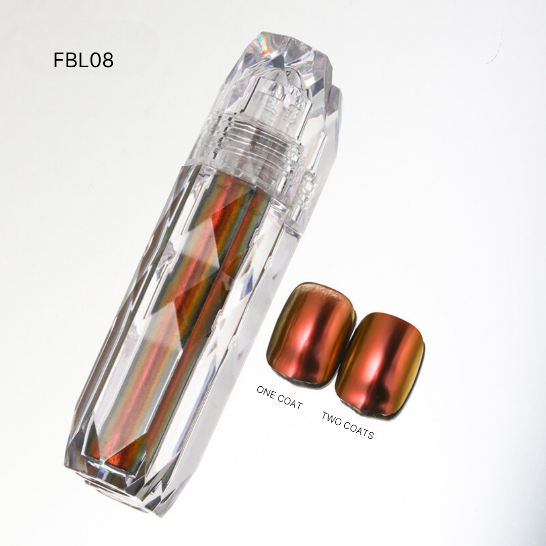 Liquid Chrome nail polishes in FBL08, with purple and blue metallic finishes, reflecting light for a mirror-like effect.