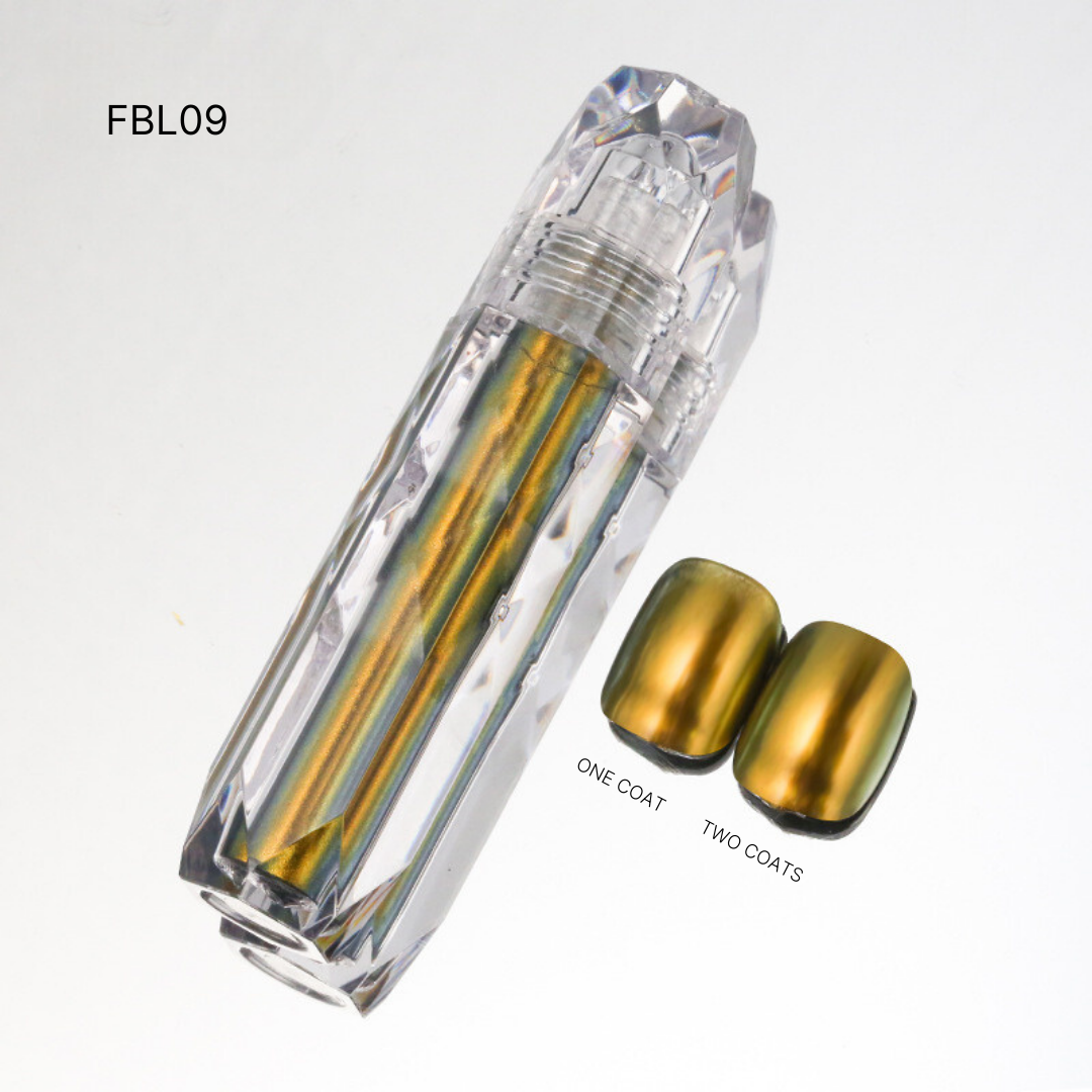 Liquid Chrome nail polish FBL09, shown in luxurious gold tones, exuding elegance with its shiny metallic surface.