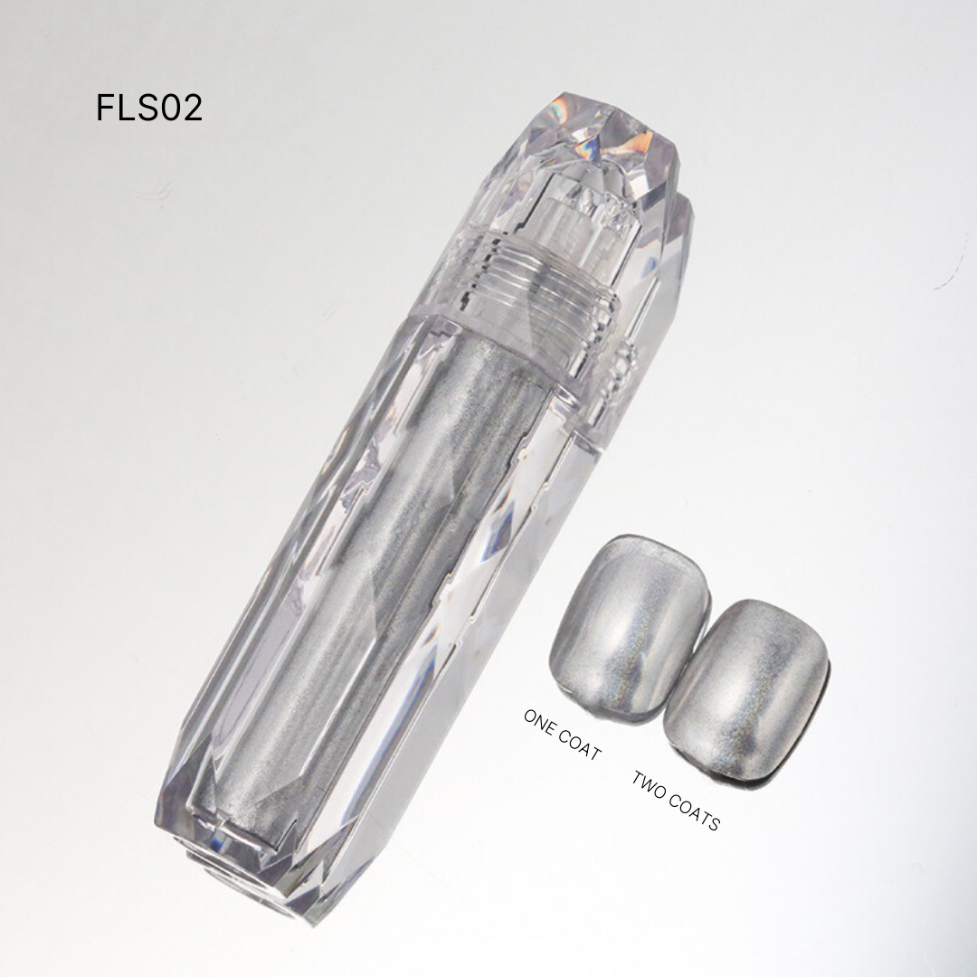 Liquid Chrome nail polish FLS02, showcasing classic silver and gold chrome finishes, perfect for sophisticated, mirrored nails.