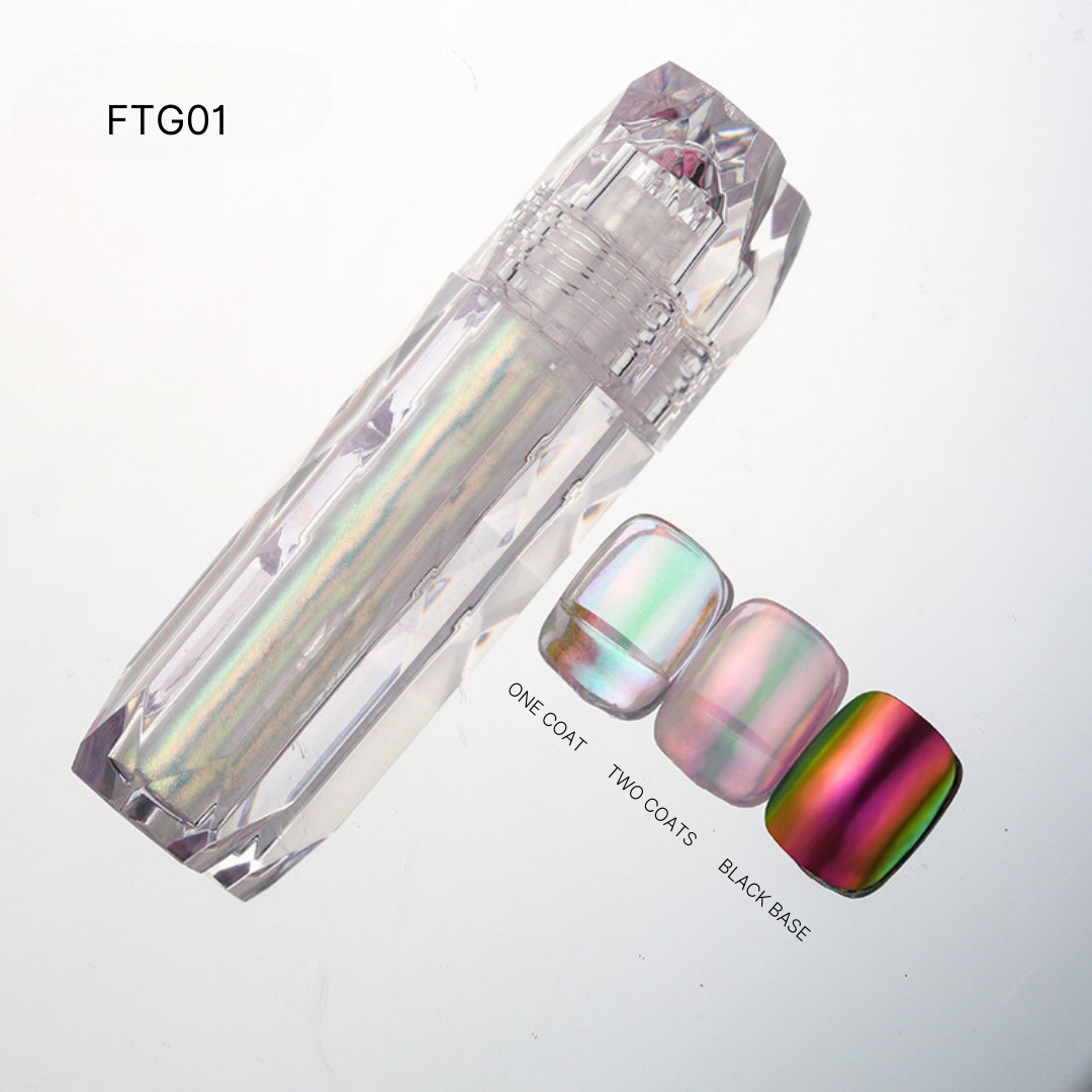 Set of Liquid Chrome nail polishes in FTG01, featuring silver and white chrome, offering a sleek and modern nail aesthetic.