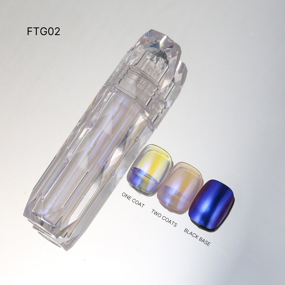 Liquid Chrome nail polish FTG02, showcasing classic silver and gold chrome finishes, perfect for sophisticated, mirrored nails.