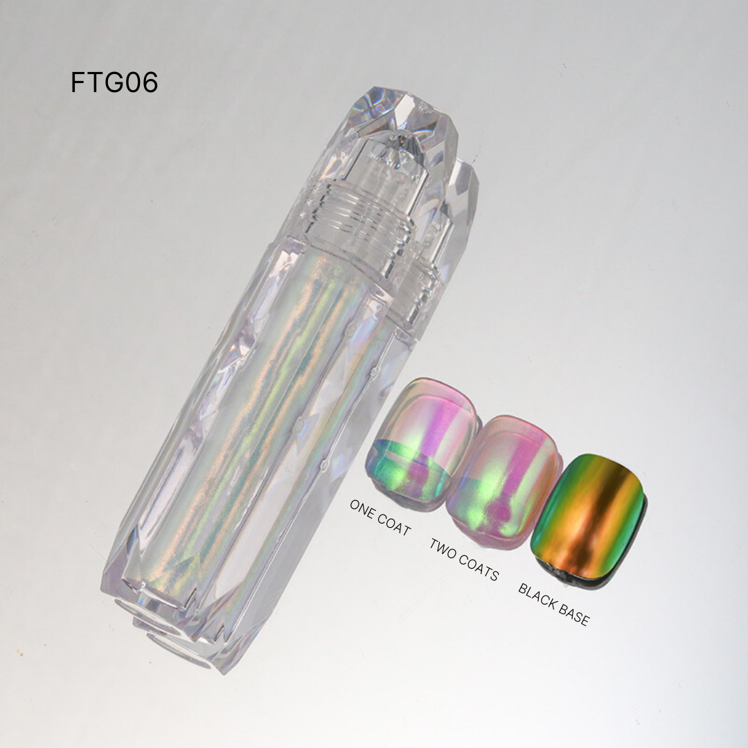 FTG06 displaying multicolored Liquid Chrome nail polishes in vibrant green and pink, perfect for creating bold, eye-catching nail art.