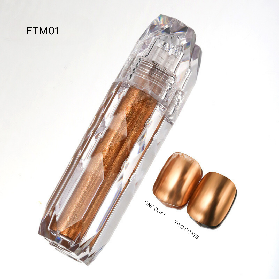 FTM01 featuring copper and gold Liquid Chrome nail polishes, ideal for luxurious, shiny metallic manicures.