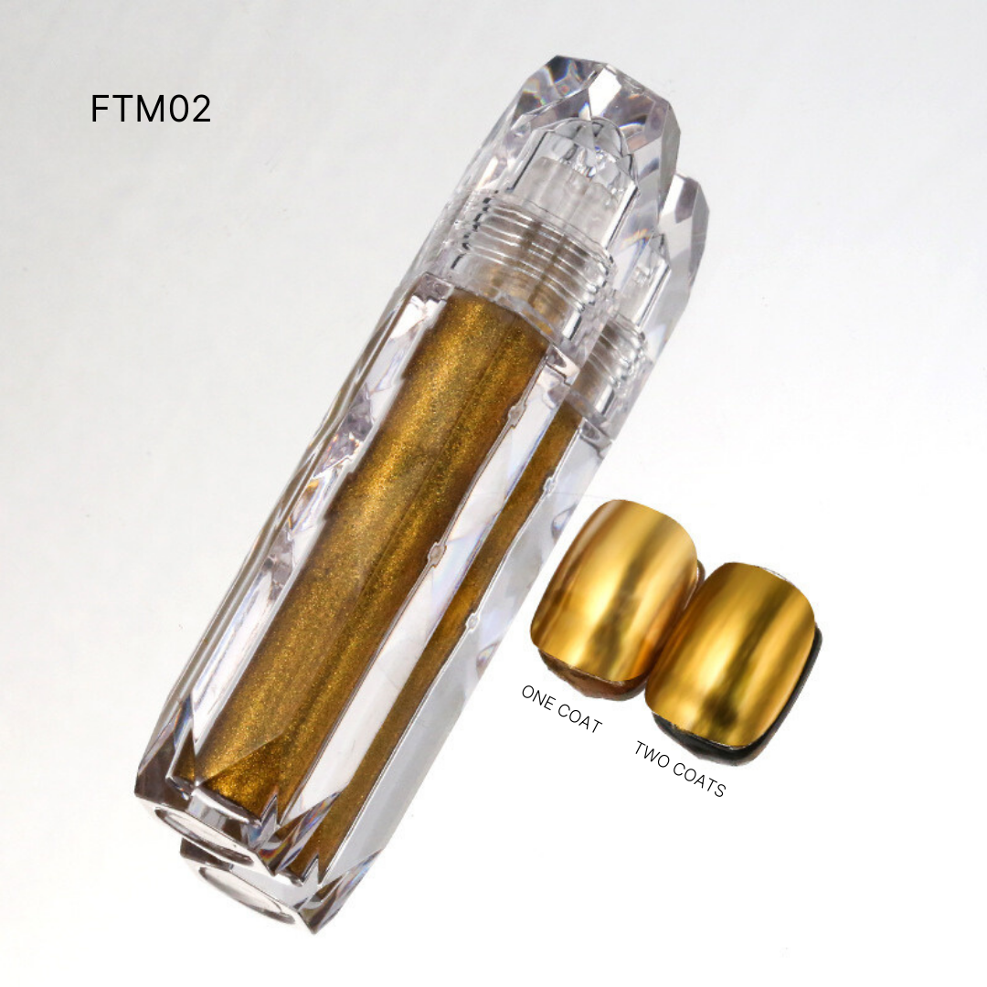 FTM02 presenting rich bronze and muted gold Liquid Chrome polishes, adding a touch of opulence to any nail design.