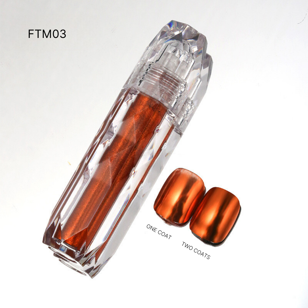 FTM03 with deep copper Liquid Chrome polishes, offering a warm, rich hue for autumn-inspired nail looks.