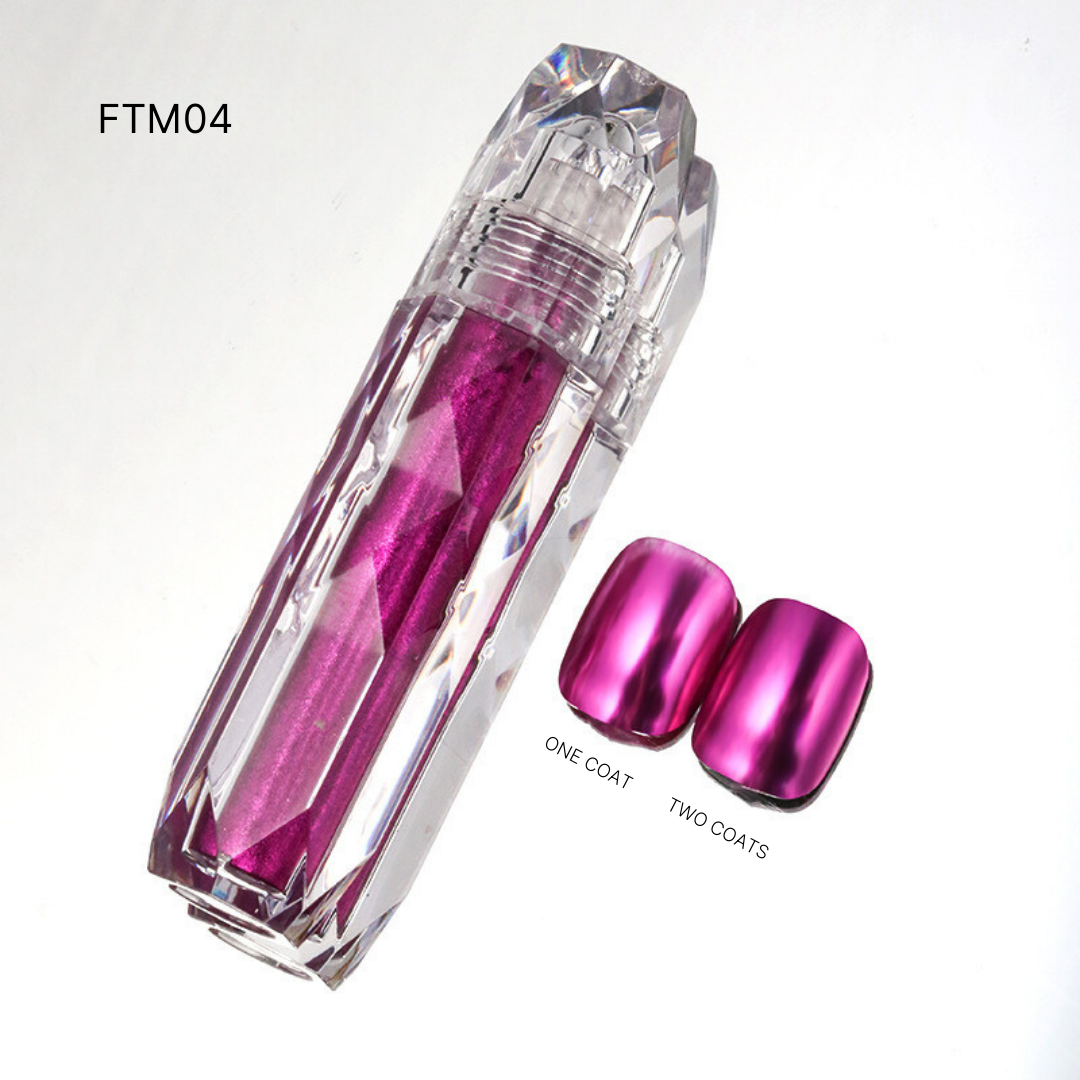 FTM04 shows off Liquid Chrome nail polishes in bold magenta, perfect for statement-making vibrant nail art.