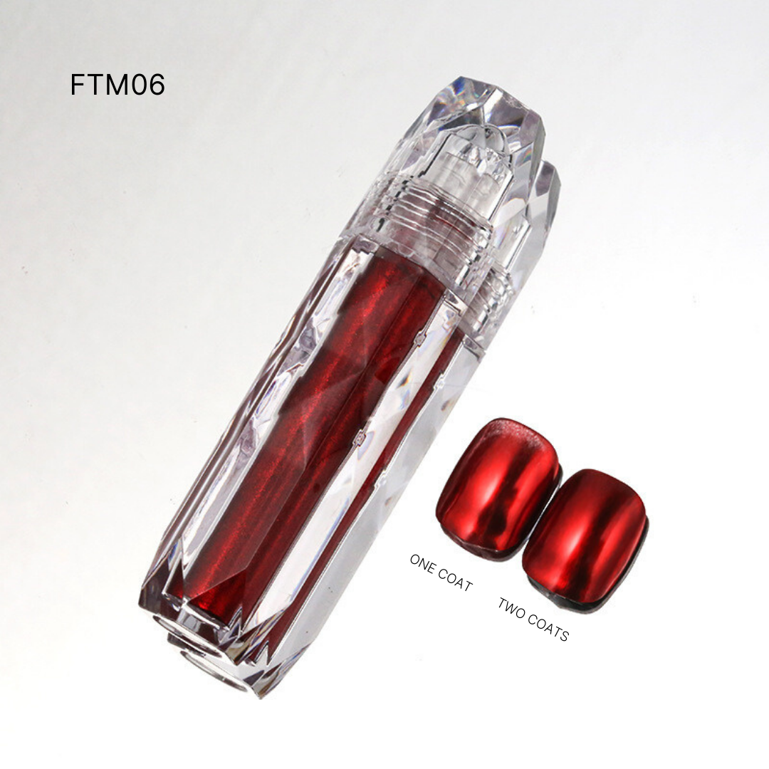 FTM06 highlighting a selection of red and deep wine Liquid Chrome nail polishes, ideal for a dramatic and intense manicure.