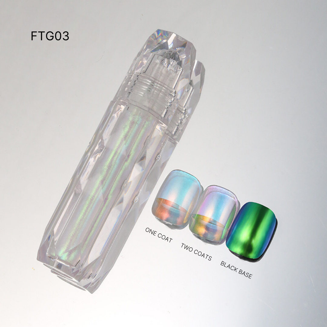 FTG03 showcasing an assortment of Liquid Chrome polishes in a rainbow of colors, ideal for vibrant and colorful manicures.