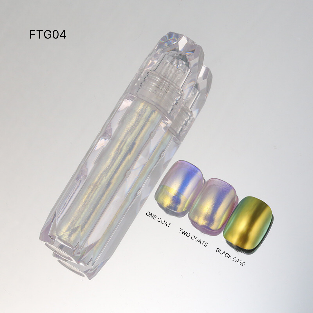 FTG04 displaying a selection of iridescent Liquid Chrome nail polishes in soft hues, perfect for a delicate and ethereal look.