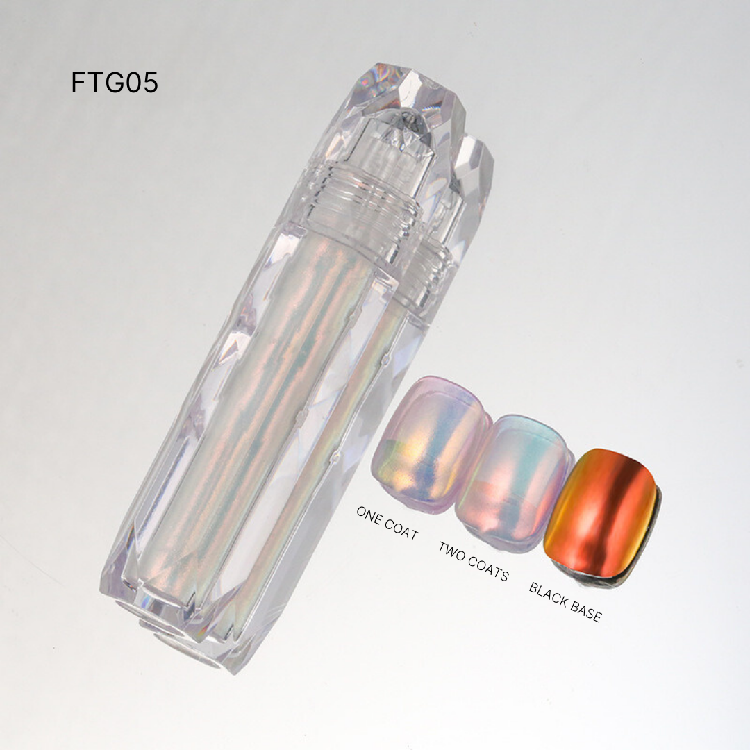 FTG04 presenting a beautiful range of pastel-toned Liquid Chrome nail polishes, suitable for soft and subtle nail art.