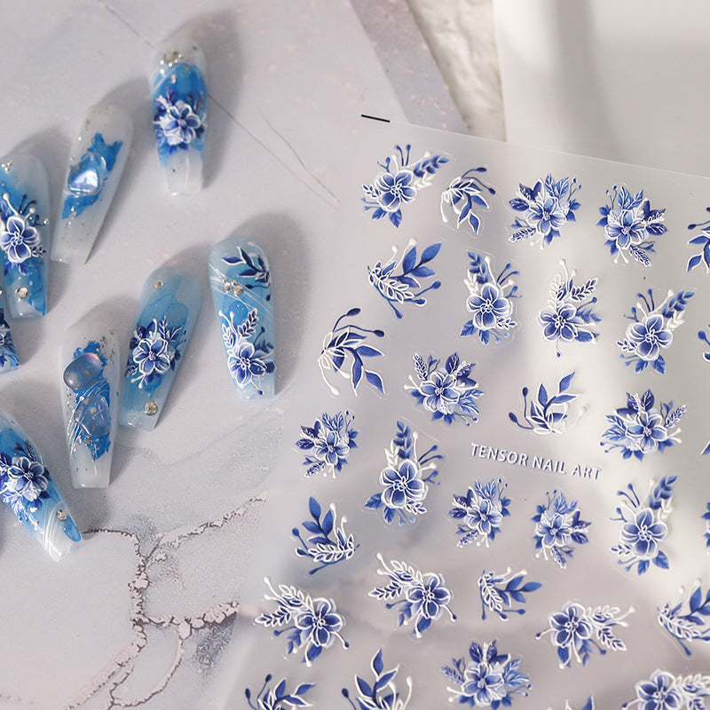 3D Blue Floral Nail Stickers Fulfilled by NAILSAMI