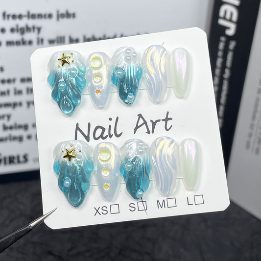 Ocean-Inspired Iridescent Press-On Nails | Starfish and 3D Pearl