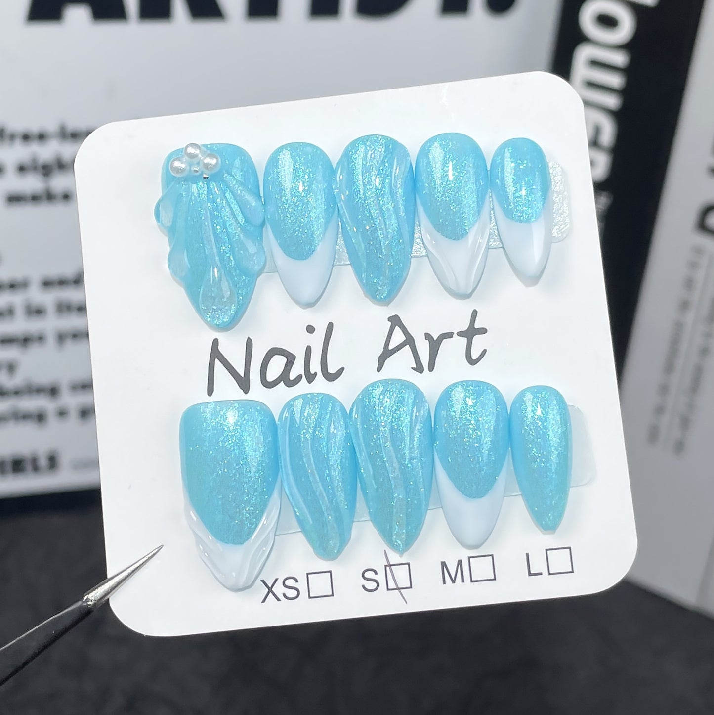 Elegant Blue Glitter Press-On Nails | 3D Pearl