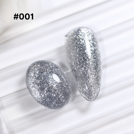 Glitter gel polish #001: sparkling silver with chunky and fine glitter particles, perfect for a dazzling nail finish.