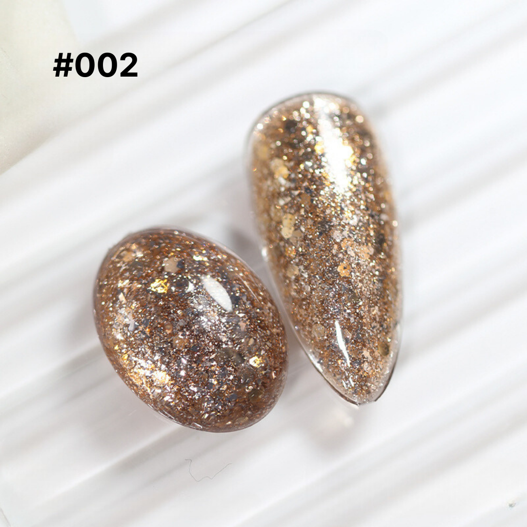 Shimmering gold glitter gel polish #002, featuring a blend of fine and chunky glitter for a luxurious manicure.
