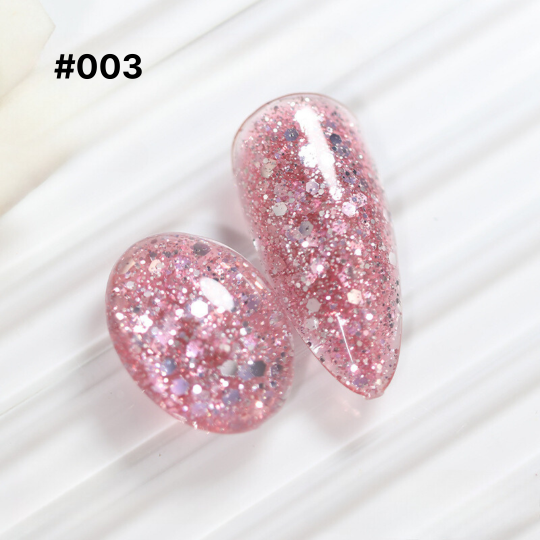 Rose pink glitter gel polish #003, with a combination of fine and chunky glitter for a romantic and sparkly nail design.