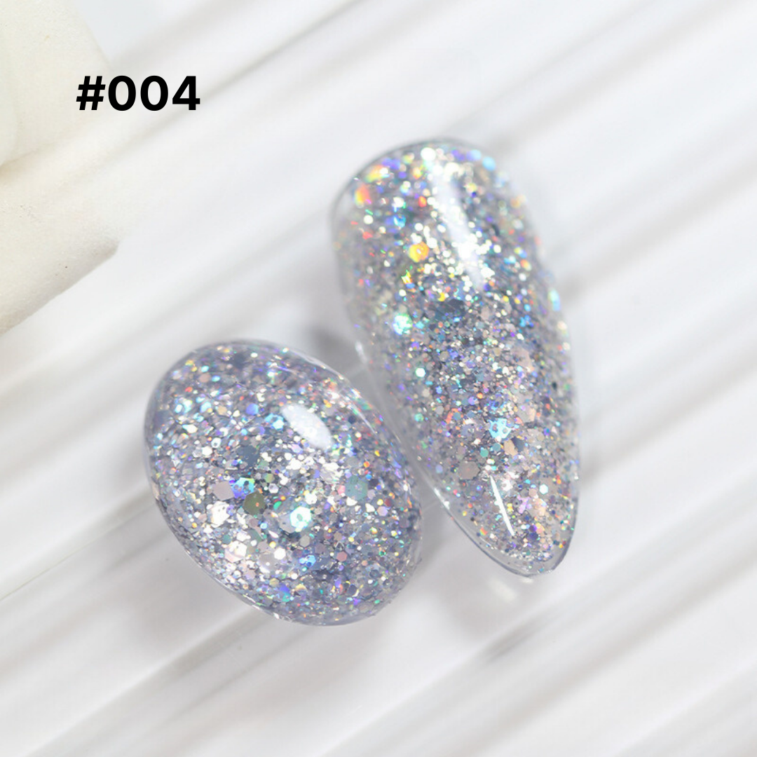 Multi-colored glitter gel polish #004, densely packed with fine and chunky glitter, ideal for a festive and vibrant nail look.