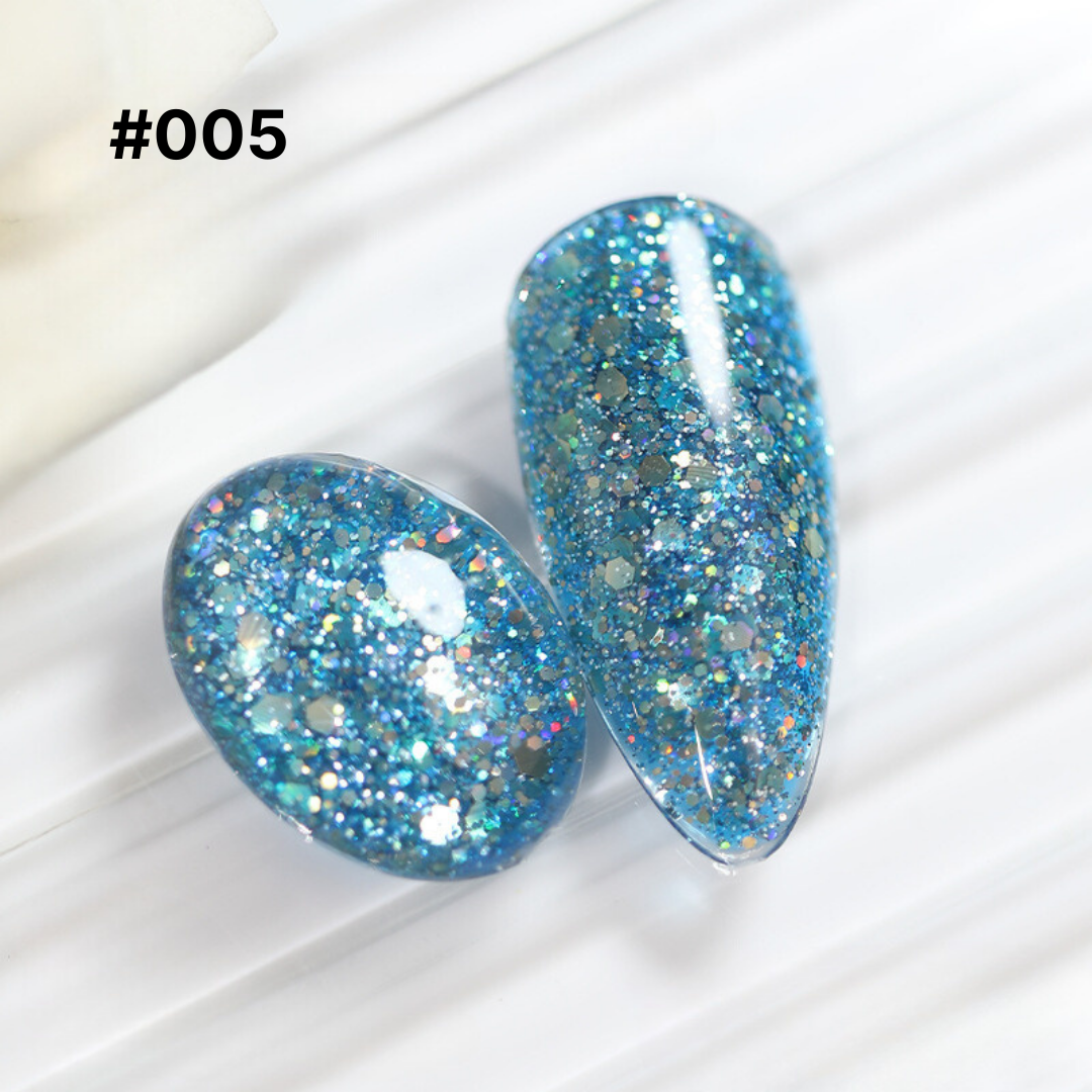 Ocean blue glitter gel polish #005, with chunky and fine glitter that mimics the shimmering sea, great for a cool-toned manicure.