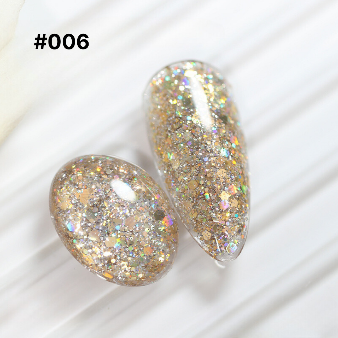 Champagne gold glitter gel polish #006, a blend of fine and chunky glitter for an elegant and sophisticated nail aesthetic.