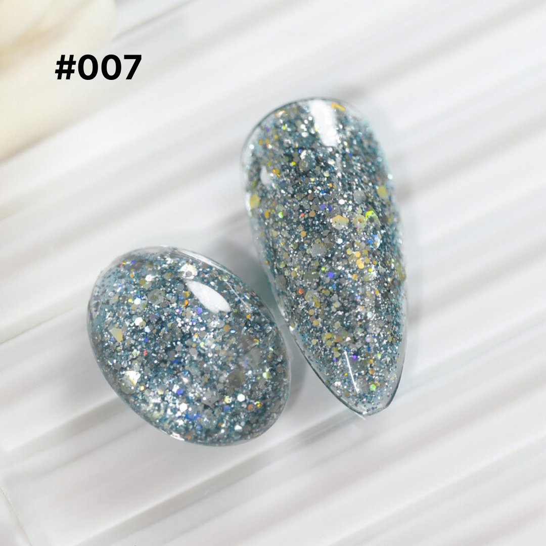 Metallic blue glitter gel polish #007, rich in chunky and fine glitter, perfect for a bold and striking nail appearance.