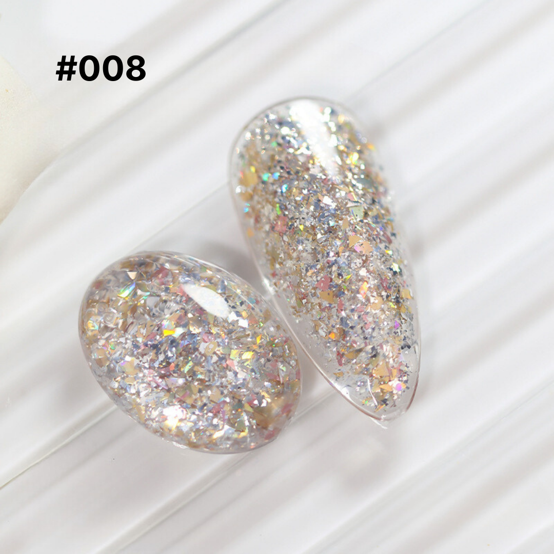 Silver holographic glitter gel polish #008, filled with multi-dimensional chunky and fine glitter, ideal for a futuristic nail style.