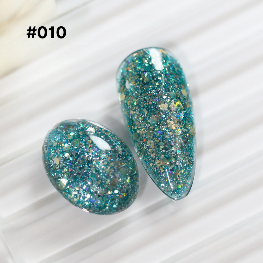 Deep teal glitter gel polish #010, featuring rich chunky and fine glitter, suited for a dramatic and eye-catching manicure.
