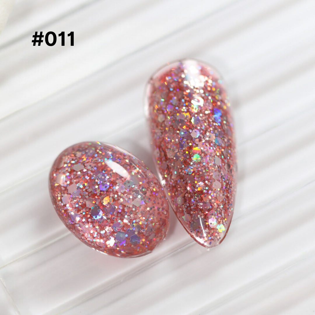 Dusty rose glitter gel polish #011, adorned with fine and chunky glitter, perfect for a subtle yet sparkling nail effect.