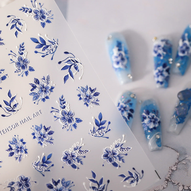 3D Blue Floral Nail Stickers Fulfilled by NAILSAMI
