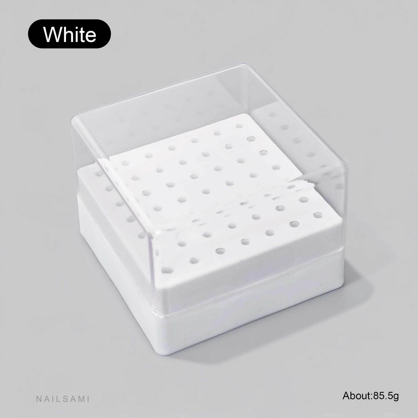White 49-hole nail drill bit storage box with clear cover
