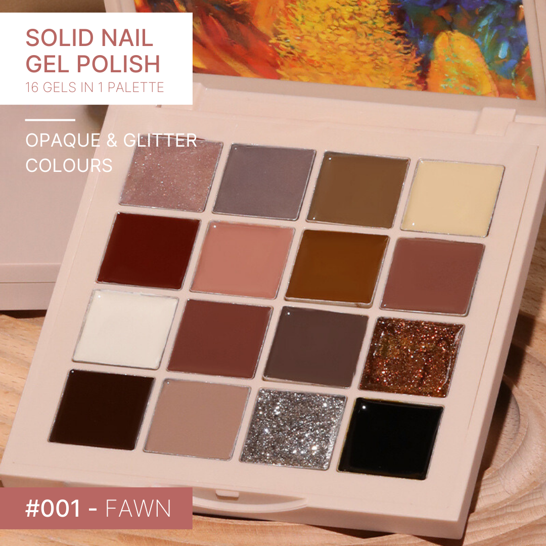 Gel nail palette named 'Fawn' featuring a range of cream nail shades from light beige to dark brown, ideal for a subtle, natural look.
