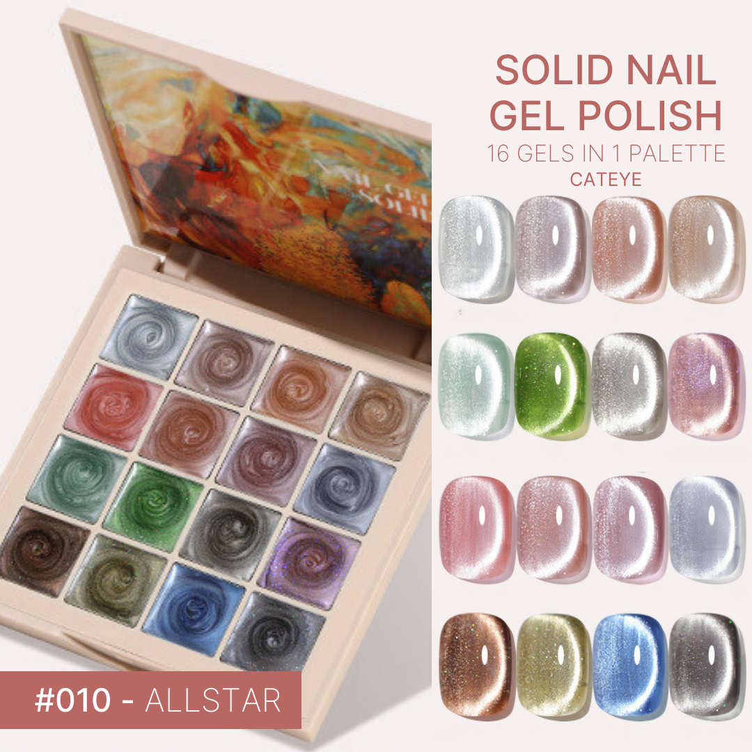 The 'Dusk' gel nail palette offers a collection of muted earth tones, with shades reminiscent of a tranquil evening sky, suitable for subtle nail designs.