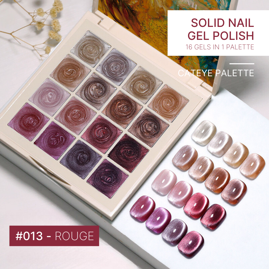 Gel nail palette 'Rouge' features an array of red and burgundy shades, each perfect for creating a powerful, passionate nail look.