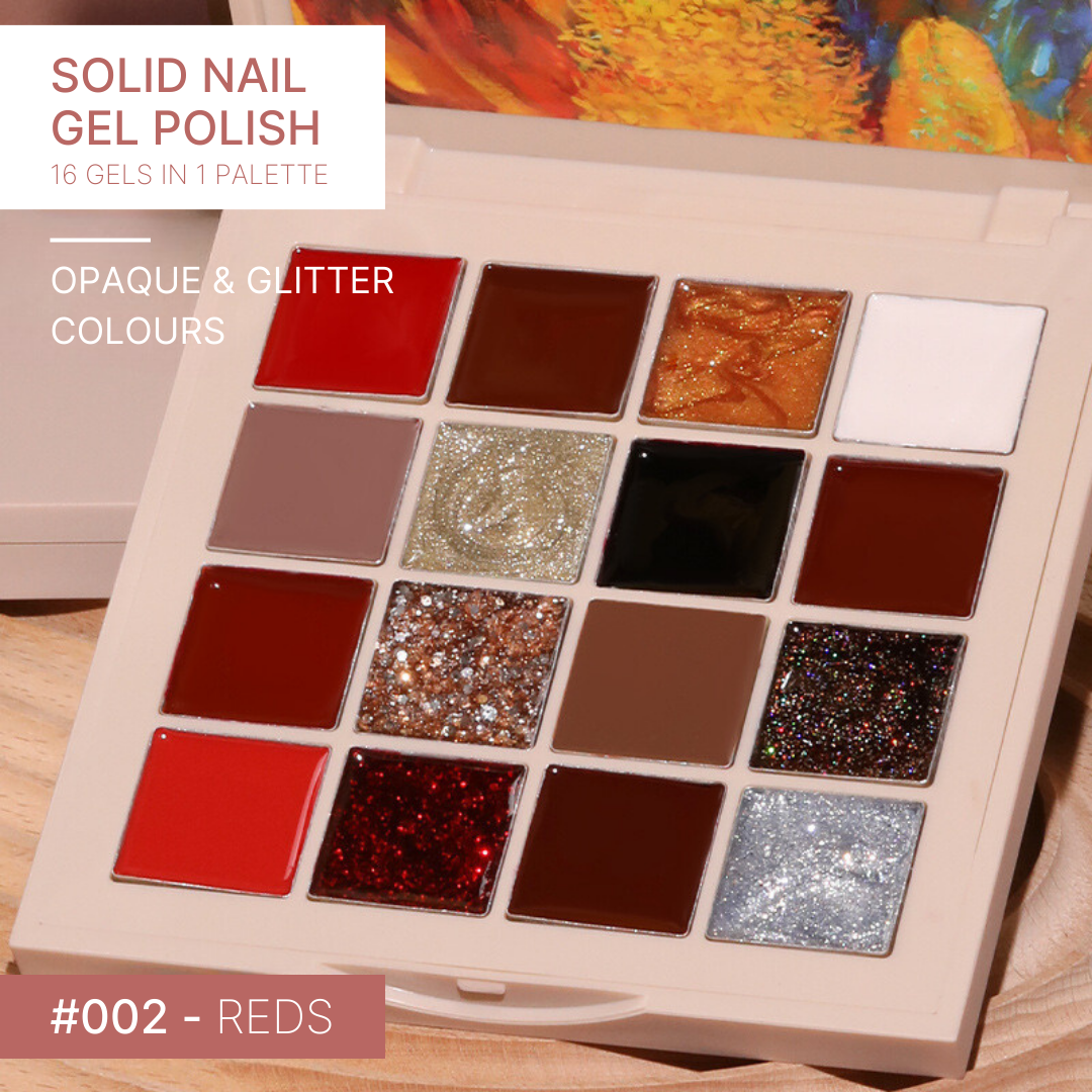 Rich array of red shades in the 'Reds' gel nail palette, from vibrant crimson to deep maroon, perfect for bold, statement nails.