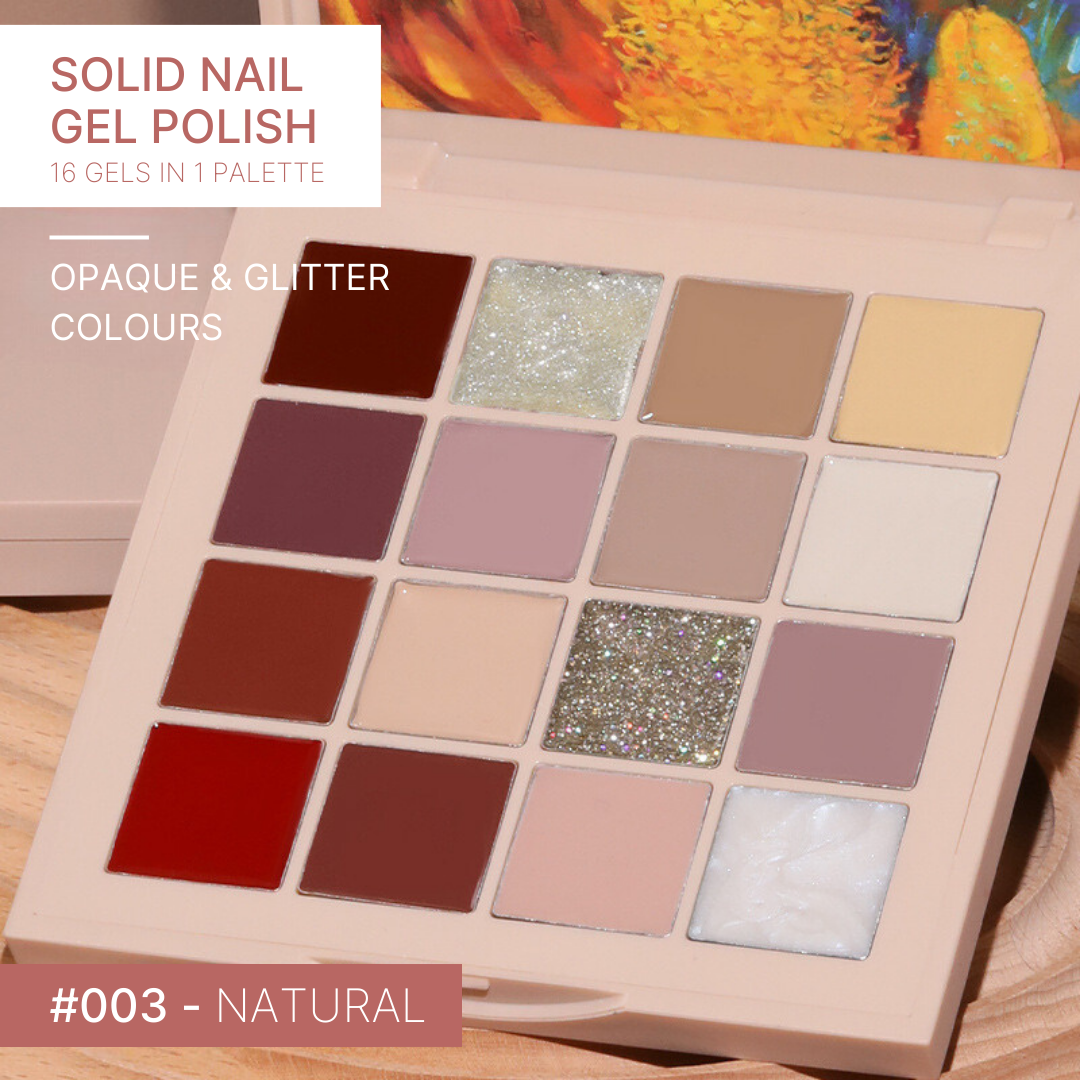 The 'Natural' gel nail palette offers a selection of earthy tones, including greens and browns, suitable for creating understated, cream nail finishes.