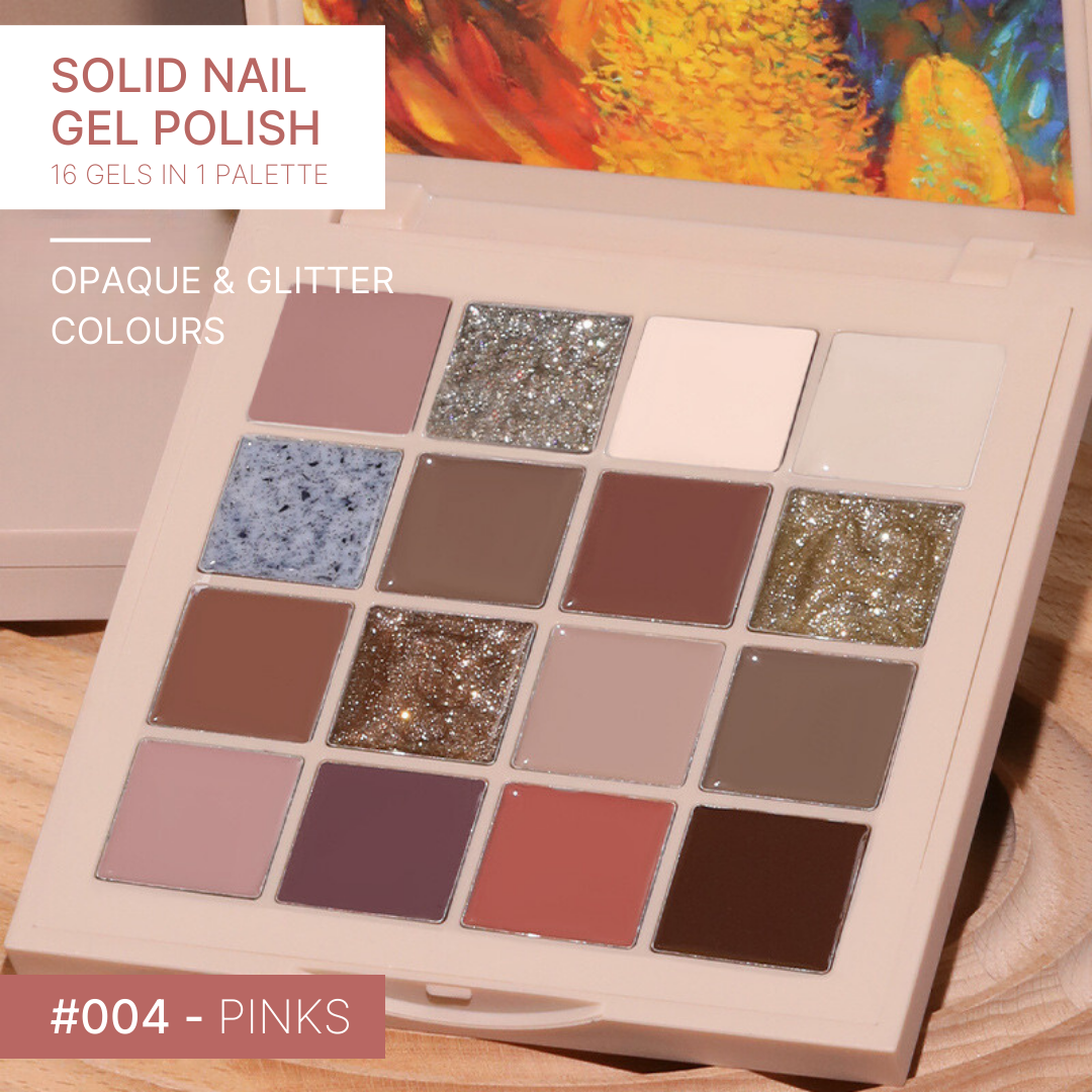 Gel nail palette titled 'Pinks' displaying a variety of pink shades from soft blush to bright fuchsia, designed for versatile, feminine looks.