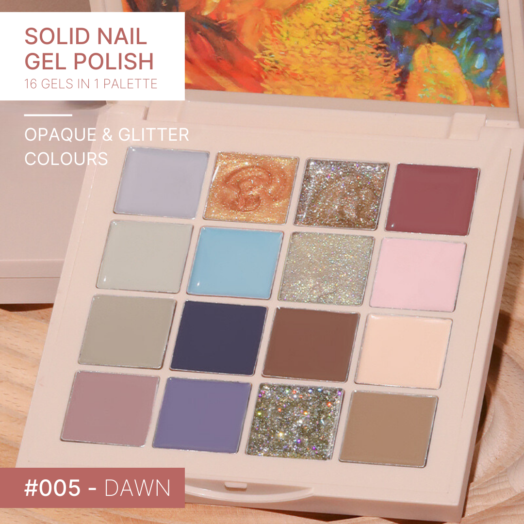 The 'Dawn' gel nail palette features a mix of serene blues and gentle grays, reflecting the calm colors of early morning skies.