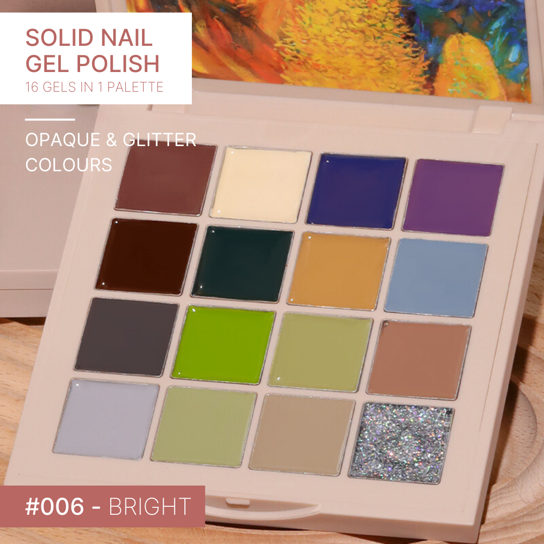 Vibrant and lively, the 'Bright' gel nail palette includes a spectrum of saturated greens and yellows, perfect for eye-catching, vivid manicures.