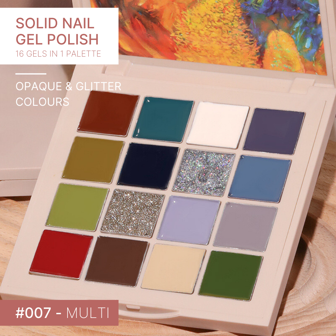 The 'Multi' gel nail palette comprises a diverse range of colors, from sparkling glitter to solid hues, catering to every style and occasion.