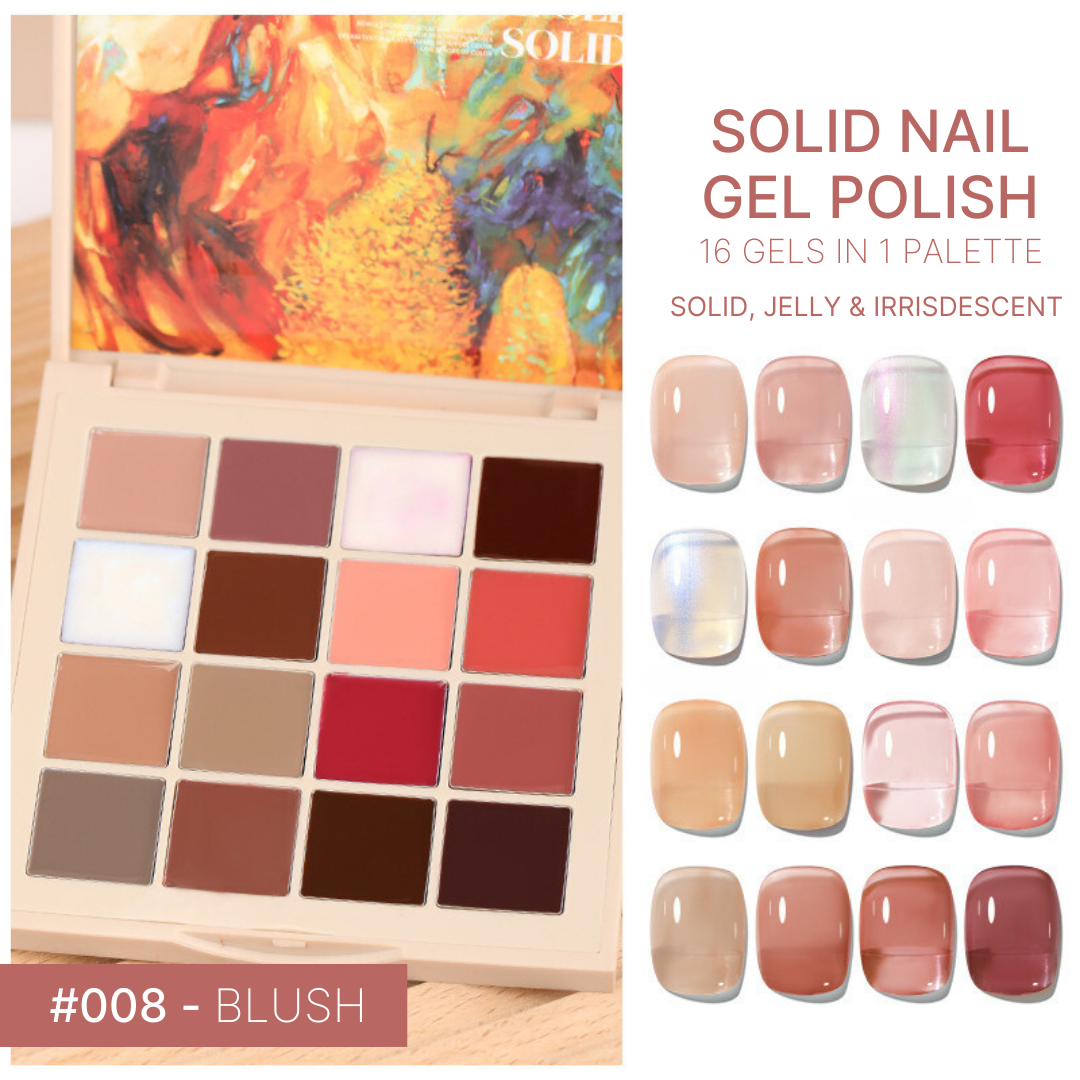 The 'Blush' gel nail palette displays a range of soft pink to deep rose shades, perfect for achieving a classic, feminine manicure.