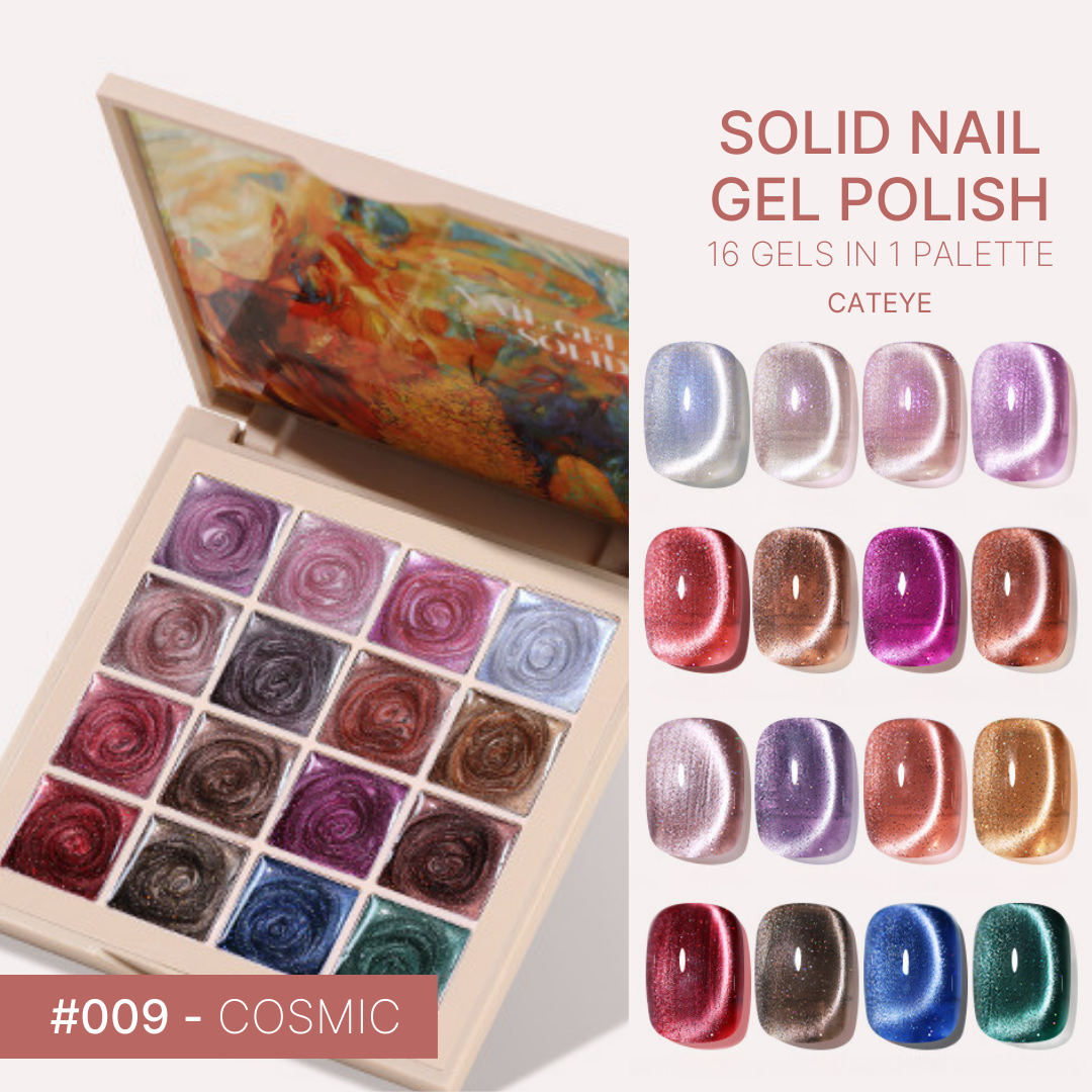 Gel nail palette titled 'Skies' features a variety of blue hues from light sky blue to dark navy, ideal for creating serene, sky-inspired nail art.