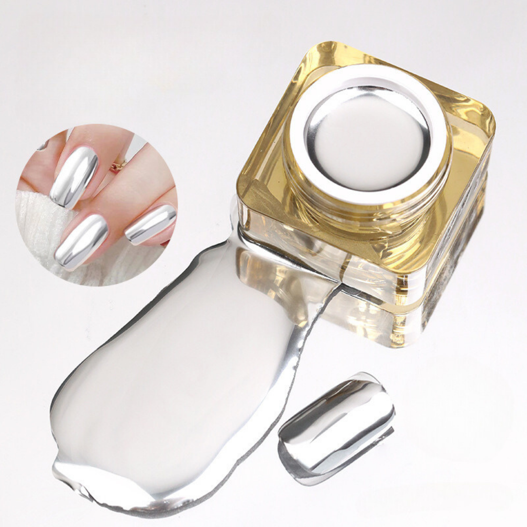 Metallic Silver Nail Art Polish displayed on a swatch, showcasing its reflective, high-shine finish perfect for creating elegant and sophisticated nail designs.