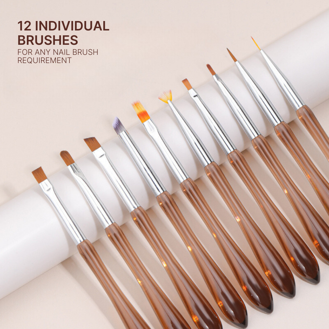 12 individual nail art brushes, designed to highlight the unique function and design of each brush.